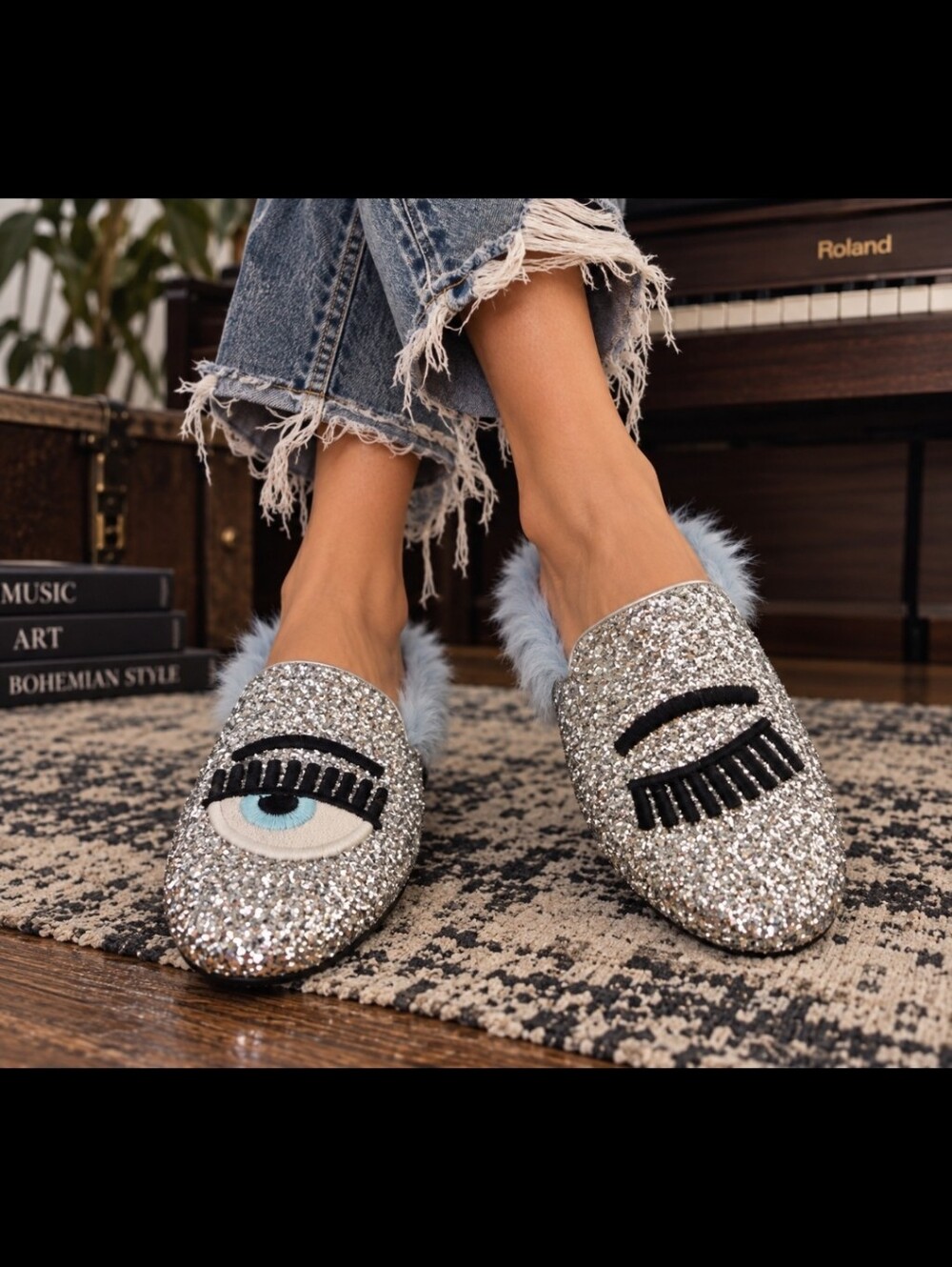 Chiara Ferragni Silver Glitter Eye Mule with Light Blue Fur Trim